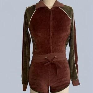 Iets Frans Velour Zip Front Romper in Brown & Olive